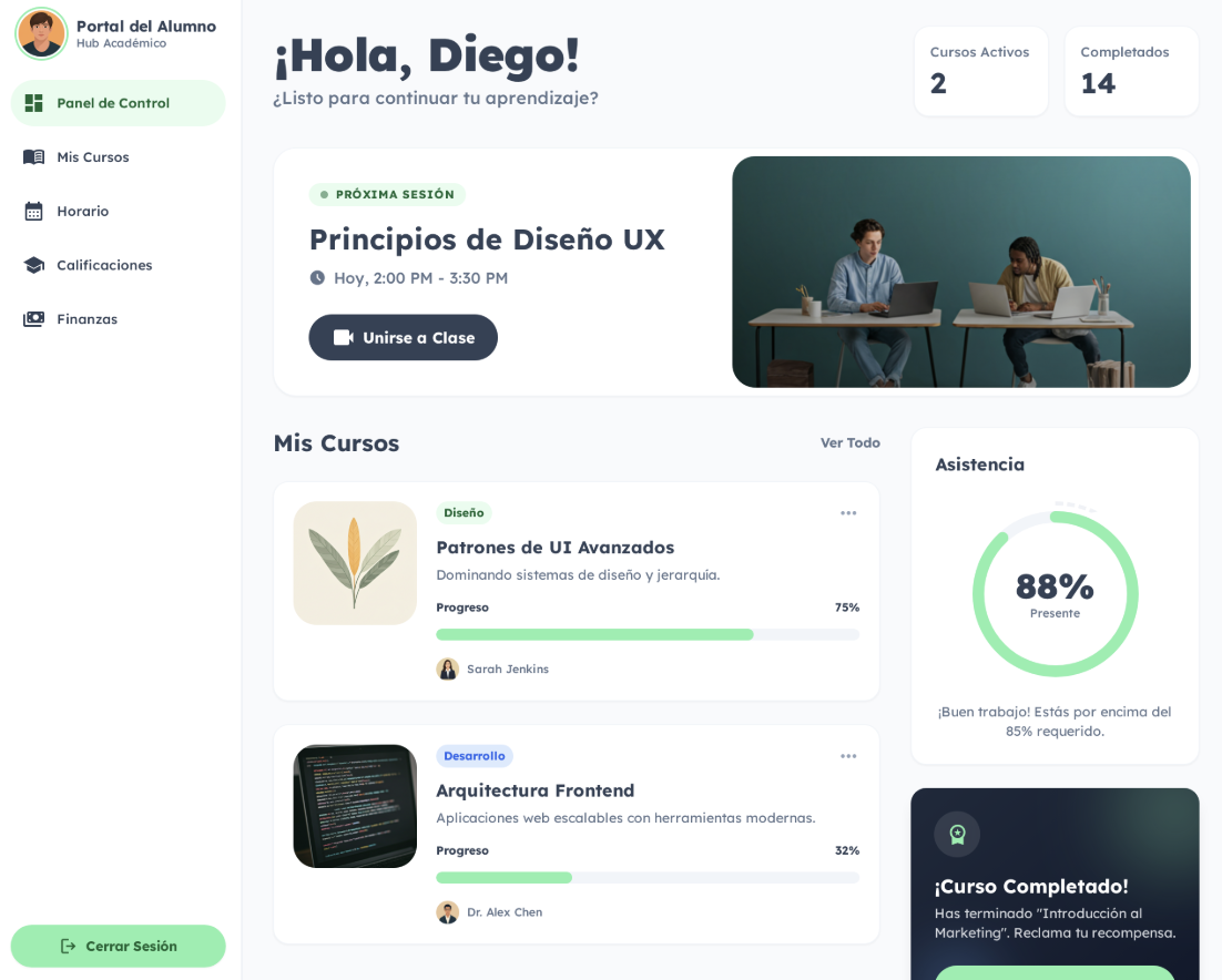 Portal del alumno - Vista de cursos y pagos